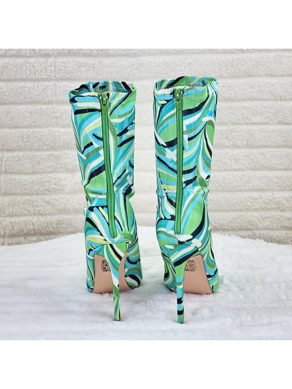Odin Crazy Wild Color Pattern High Heel Stretch Fabric Ankle Boots - Green Blue - Picture 7 of 15